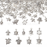 108Pcs 9 Style Tibetan Style Alloy Pendants, Tortoise, Antique Silver, 16~26x9~21x3~6mm, Hole: 1.6~2.5mm, 12pcs/style(FIND-CD0001-36)