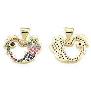 Brass Micro Pave Cubic Zirconia Pendants, with Brass Snap on Bails, Nickel Free, Real 18K Gold Plated, Chick Charm, Colorful, 14.5x17x2.5mm, Hole: 3.5x4mm(KK-N227-124)