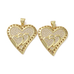 Brass Micro Pave Clear Cubic Zirconia Pendants, Heart, Real 16K Gold Plated, 25x24x3.5mm, Hole: 4.5x3.5mm(KK-H466-08G-01)