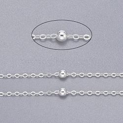 Brass Flat Oval Cable Chains, Satellite Chains, Unwelded, with Card Paper, Silver Color Plated, 2.2x1.7x0.23mm, Bead: 3.5mm(X-CHC018Y-S)