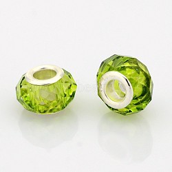 Faceted Glass European Beads, Large Hole Rondelle Beads, with Silver Color Plated Brass Cores, Yellow Green, 14x9mm, Hole: 5mm(GPDL-J026-08)