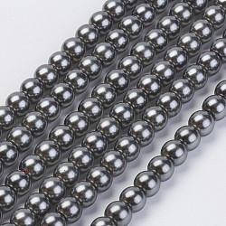 Eco-Friendly Glass Pearl Bead Strands, Round, Dyed, Cotton Cord Threaded, Gray, 8mm, Hole: 1.2~1.5mm, about 52pcs/strand, 15.7 inch(HY-A008-8mm-RB053)