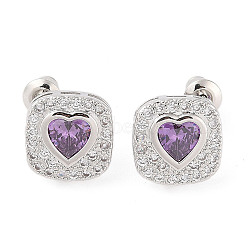 Rack Plating Brass Micro Pave Cubic Zirconia Stud Earrings, Long-lasting Plated, Square with Heart, Purple, 13x13mm(EJEW-I304-08P-05)