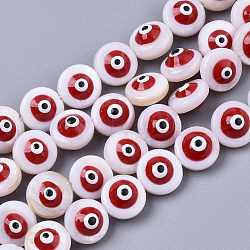 Natural Freshwater Shell Beads, Enamelled Sequins, Flat Round with Evil Eye, Red, 8x6mm, Hole: 0.8~1mm(SHEL-R046-05-01A)