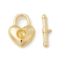 Brass Toggle Clasps, for Half Hole Bead, Heart Lock, Real 18K Gold Plated, Heart: 16x12x5.5mm, Bar: 15x4.5x2mm, Hole: 1mm, Pin: 0.9mm(KK-K271-20G)