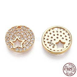 925 Sterling Silver Micro Pave Cubic Zirconia Charms, with S925 Stamp, Flat Round with Star Charms, Nickel Free, Real 18K Gold Plated, 9.5x1.5mm, Hole: 0.8mm(STER-T004-65G)