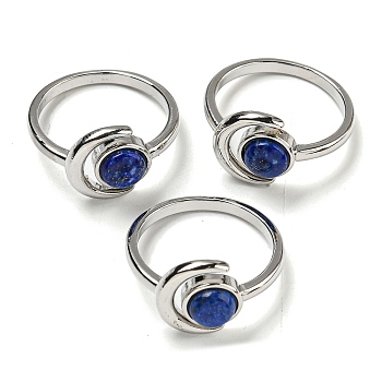 Natural Lapis Lazuli Adjustable Rings, with Platinum Brass Findings, Long-Lasting Plated, Jewely for Women, Moon with Round, US Size 8(18.1mm).