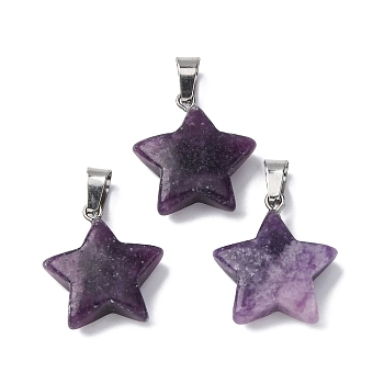 Natural Lepidolite Pendants, Star Charms with 201 Stainless Steel Snap on Bails, Stainless Steel Color, 22x20x6mm, Hole: 3x5.5mm