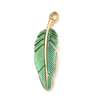 Spray Painted 304 Stainless Steel Pendants, Feather Shape Charms, Real 18K Gold Plated, PVD Vacuum Plating, Long-Lasting Plated, Green, 34x10x2.5mm, Hole: 1.8mm