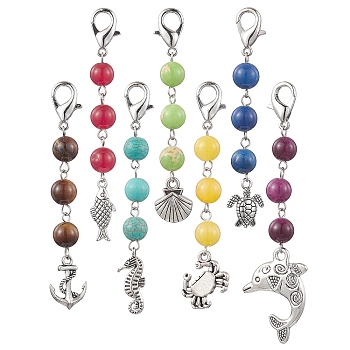 Alloy Pendant Decorations, with Natural & Synthetic Gemstone, Animal, Mixed Shapes, 68~83mm, 7pcs/set