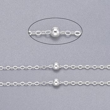 Brass Flat Oval Cable Chains, Satellite Chains, Unwelded, with Card Paper, Silver Color Plated, 2.2x1.7x0.23mm, Bead: 3.5mm