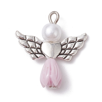 Resin Imitation Pearl Pendants, Rose Angel Charms with Antique Silver Plated Alloy Heart Wings, Thistle, 23.5~24x21.5x7mm, Hole: 1.8~2.2mm