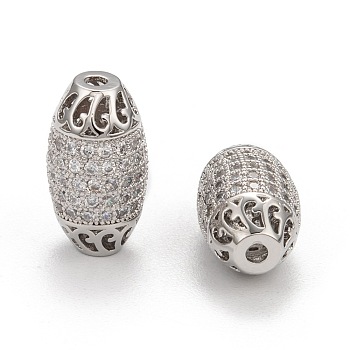 Brass Cubic Zirconia Beads, Oval, Platinum, 16x9mm, Hole: 1mm