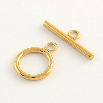 304 Stainless Steel Ring Toggle Clasps, Real 24K Gold Plated, Ring: 19x14x2mm, Hole: 3mm, Bar: 24.5x7x2.5mmm, Hole: 3mm