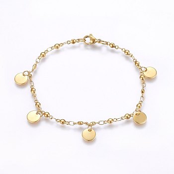 304 Stainless Steel Charm Bracelets, with Lobster Claw Clasps, Flat Round, Golden, 8-1/4 inch(21cm), 3mm