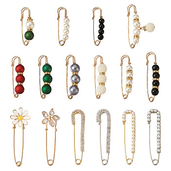 16Pcs Alloy Safety Pinks, Plastic & Rhinestone & Resin Beads Brooches for Women, Light Gold, Mixed Color, 38~80x11~8x3~12mm, 1Pc/style