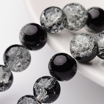 Crackle Glass Beads Strands, Round, Black, 10mm, Hole: 1.3~1.6mm, about 80pcs/strand, 31.4 inch