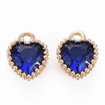 Brass Micro Pave Cubic Zirconia Charms, Nickel Free, Real 18K Gold Plated, Faceted Heart, Dark Blue, 8x6x3.5mm, Hole: 1mm