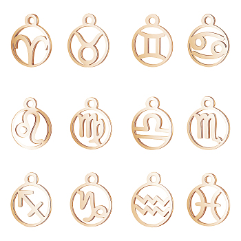 304 Stainless Steel Pendants, Flat Round with Twelve Constellations, 12 Constellations, 18x16x1.5mm, Hole: 1.2mm, 12constellations, 1pc/constellation, 12pcs/box