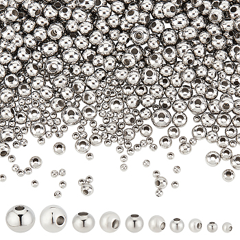 1050Pcs 5 Styles Round 304 & 316 Surgical Stainless Steel Spacer Beads, Stainless Steel Color, 3~8mm, Hole: 1~2.5mm