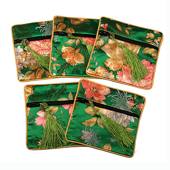 Retro Square Cloth Zipper Pouches, with Tassel and  Flower Pattern, Green, 11.5x11.5cm