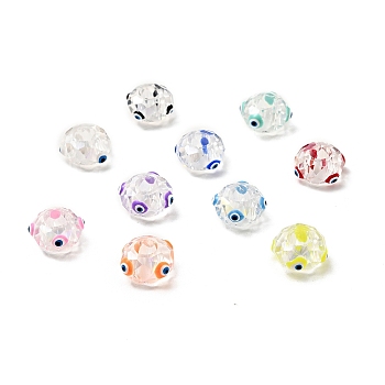 Transparent Glass European Beads, Large Hole Beads, with Enamel, Faceted, Rondelle with Evil Eye Pattern, Mixed Color, 14x8mm, Hole: 6mm