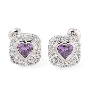 Rack Plating Brass Micro Pave Cubic Zirconia Stud Earrings, Long-lasting Plated, Square with Heart, Purple, 13x13mm