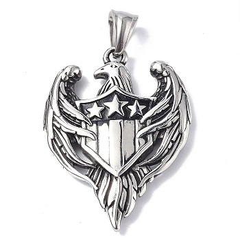 304 Stainless Steel Pendant, Eagle Charm, Antique Silver, 42.5x31.5x5mm, Hole: 5x8.5mm