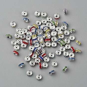 Brass Grade A Rhinestone Spacer Beads, Silver Color Plated, Nickel Free, Mixed Color, 4x2mm, Hole: 0.8mm