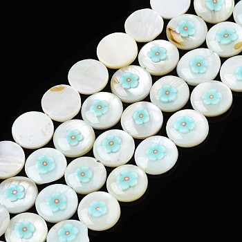 Natural Freshwater Shell Enamel Beads, Flat Round with Flower, Turquoise, 11x3mm, Hole: 0.8mm, about 32pcs/strand, 14.37 inch(36.5cm)