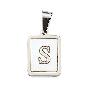 304 Stainless Steel Pave Natural White Shell Pendants, Rectangle with Letter Charms, Stainless Steel Color, Letter S, 17.5x12x1.5mm, Hole: 6x3mm