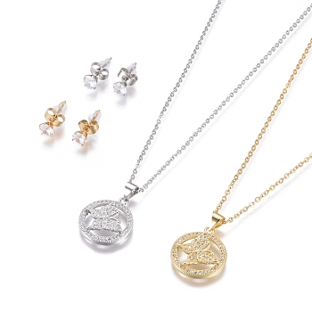 304 Stainless Steel Jewelry Sets, Brass Micro Pave Cubic Zirconia Pendant Necklaces and 304 Stainless Stud Earrings, with Plastic Ear Nuts/Earring Back, Flat Round with Butterfly, Clear, Golden & Stainless Steel Color, 17.72 inch(45cm), 1.5mm, 15x5.5mm, Pin: 0.7mm