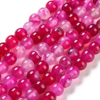 Natural Striped Agate/Banded Agate Beads Strands, Dyed, Round, Magenta, 8mm, Hole: 1.2mm, about 24pcs/strand, 7.48''(19cm)