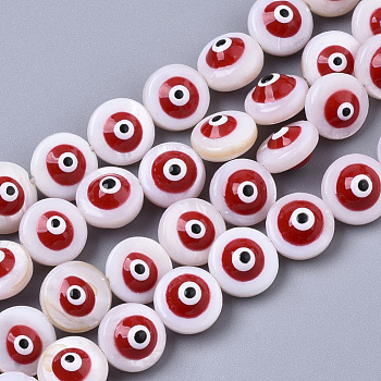 Natural Freshwater Shell Beads, Enamelled Sequins, Flat Round with Evil Eye, Red, 8x6mm, Hole: 0.8~1mm
