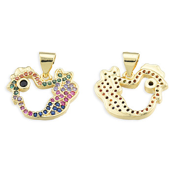 Brass Micro Pave Cubic Zirconia Pendants, with Brass Snap on Bails, Nickel Free, Real 18K Gold Plated, Chick Charm, Colorful, 14.5x17x2.5mm, Hole: 3.5x4mm