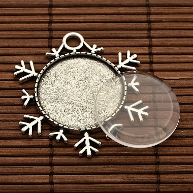 25x4mm Dome Transparent Glass Cabochons and Christmas Ornaments Antique Silver Alloy Snowflake Pendant Cabochon Settings DIY(DIY-X0181-AS)-2
