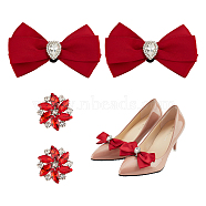 Wedding Shoe Decoration Sets, including 2Pcs Polyester Bowknots and 2Pcs Flower Shape Alloy Shoe Buckle Clips, Red, Bowknot: 53x89x19mm, Flower: 32x34x10mm(AJEW-NB0005-13C)