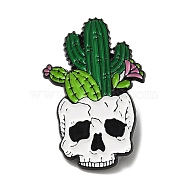 Black Alloy Brooch, Enamel Pins, Skull with Cactus, Lime Green, 30x20x1mm(JEWB-Z011-02D-EB)