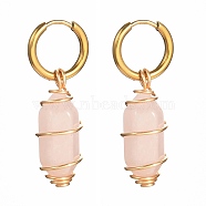 Copper Wire Wrapped Natural Rose Quartz Dangle Earrings for Women, 304 Stainless Steel Huggie Hoop Earrings, 39mm, Pin: 1mm(EJEW-JE04628-01)