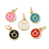 Real 18K Gold Plated Brass Enamel Charms, with Jump Ring, Long-Lasting Plated, Lead Free & Cadmium Free, Flat Round with Taurus Charms, Mixed Color, 10x8x1mm, Hole: 4mm(KK-L216-001G-D)