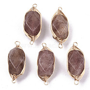 Natural Strawberry Quartz Links/Connectors, Light Gold Tone Brass Wire Wrapped, Rectangle Octagon, 22~24x9~10x8.5mm, Hole: 1.6mm(G-T131-100D)