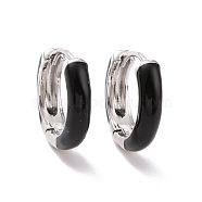 Black Enamel Hinged Hoop Earrings, Rack Plating Brass Jewelry for Women, Cadmium Free & Lead Free, Platinum, 17x4mm, Pin: 0.8mm(EJEW-C030-09P)