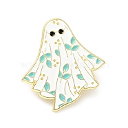 Ghost with Leaf Enamel Pin, Halloween Alloy Badge for Backpack Clothes, Light Gold, White, 30x29x1.5mm(JEWB-G014-C01)