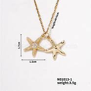 Elegant Hollow Brass Pave Clear Cubic Zirconia Starfish Pendant Necklaces for Women, Golden, 15.75 inch(400mm)(YU4995-1)