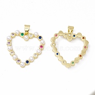 Rack Plating Brass Micro Pave Colorful Cubic Zirconia Pendants, with Acrylic Bead, Long-Lasting Plated, Cadmium Free & Lead Free, Heart, Real 18K Gold Plated, 24.5x24.5x4mm, Hole: 4x3mm(ZIRC-C041-01G)