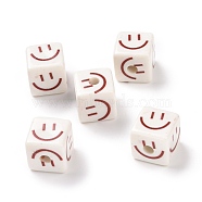 Opaque Printed Acrylic Beads, Cube with Smiling Face Pattern, FireBrick, 13.5x13.5x13.5mm, Hole: 3.8mm(MACR-C007-01L)