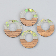 Transparent Resin & Walnut Wood Pendants, with Paillette/Sequin, Ring with Snowflake, Green Yellow, 28x3mm, Hole: 2mm(RESI-S389-036A-D01)