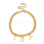 Brass Charm Bracelets for Women, Real 18K Glod Plated, Word Joy, 6-3/4 inch(17.2cm), Pendant: 9~9.5x3~7mm (BJEW-U008-19G-01)