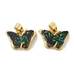 Rack Plating Brass Pendants, with Resin Imitation Opal & Glitter, Long-Lasting Plated, Lead Free & Cadmium Free, Butterfly, Dark Green, 11.5x15.5x5mm, Hole: 4x2.5mm(KK-Q009-07G-02)