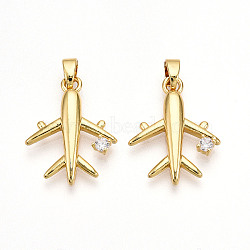 Brass Micro Pave Cubic Zirconia Pendants, Airplane Charms, Real 18K Gold Plated, 20x15.8x2.5~3mm, Hole: 2~2.5x5mm(KK-T070-80G)